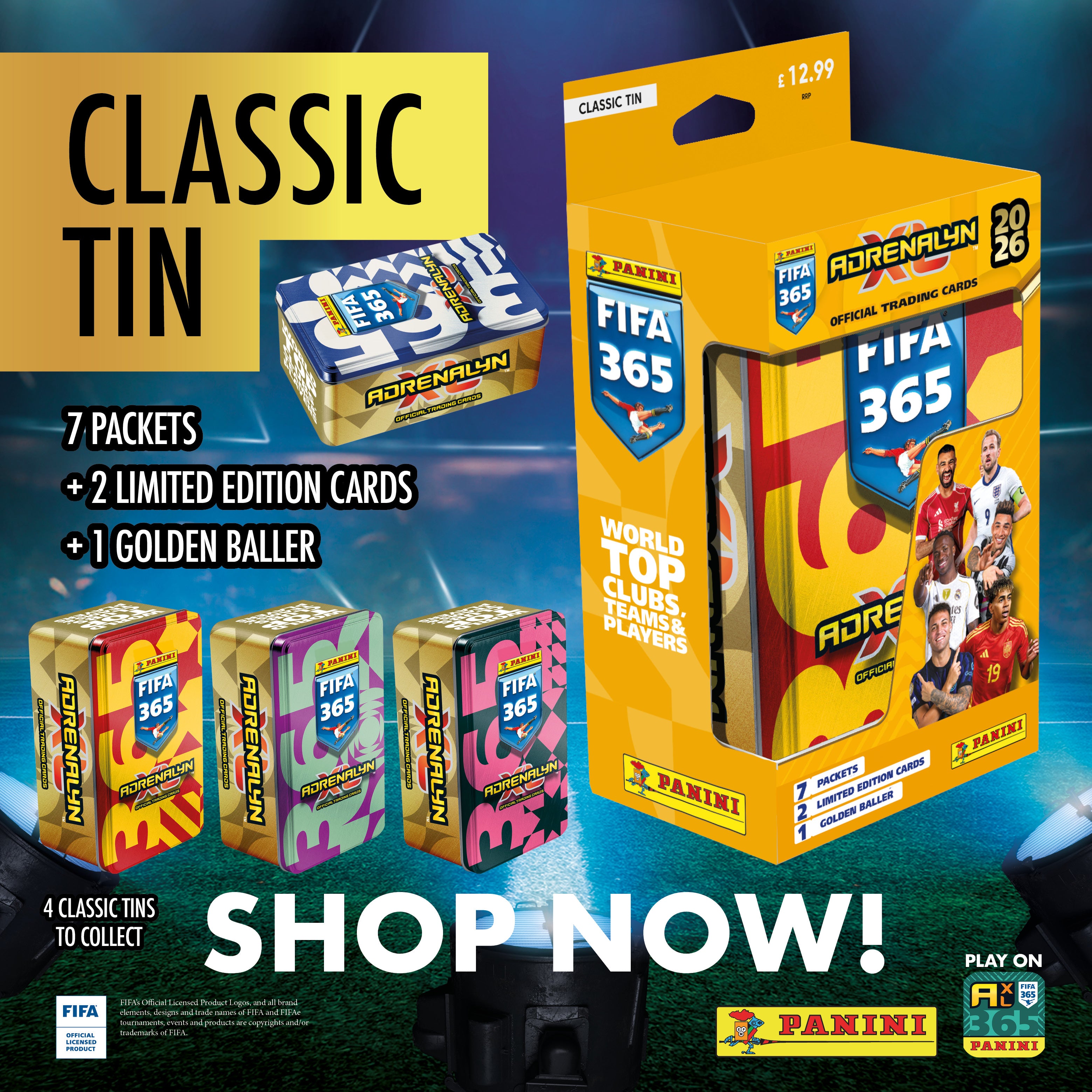 2025-26 PANINI ADRENALYN XL FIFA 365 CARDS - MEGA TIN 4-PACK SET (168 CARDS + 8 LE & 4 GOLDEN BALLER)