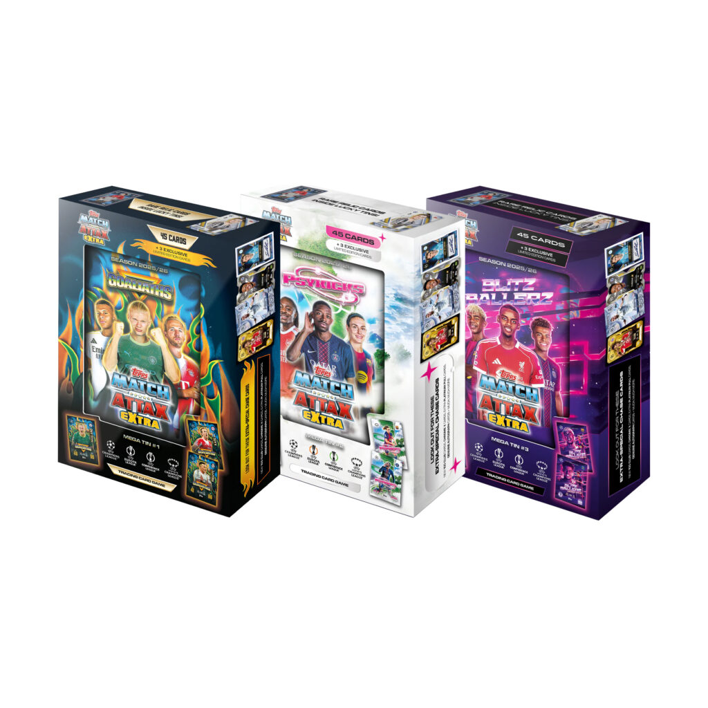 2025-26 TOPPS MATCH ATTAX EXTRA UEFA CHAMPIONS LEAGUE CARDS – MEGA TIN  3-PACK SET (144 CARDS + 9 LE)