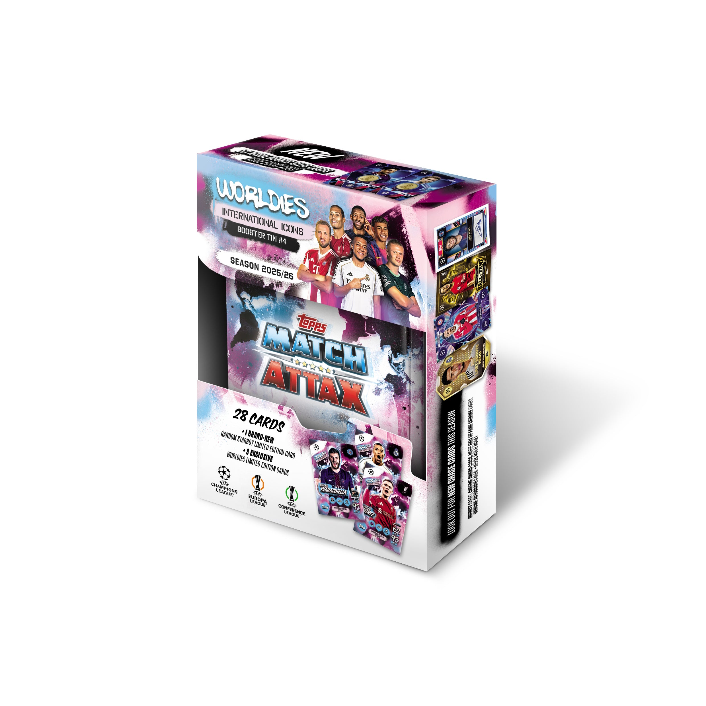 2025-26 TOPPS MATCH ATTAX UEFA CHAMPIONS LEAGUE CARDS - MINI TIN 4-PACK SET (128 CARDS + 12 LE)