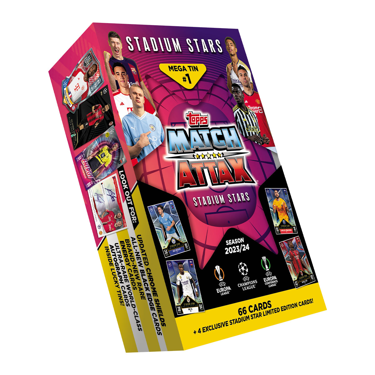 2023-24 TOPPS MATCH ATTAX UEFA CHAMPIONS LEAGUE CARDS - STADIUM STARS MEGA TIN 4-PACK SET (66 CARDS + 4 LE) (IN STOCK OCT 21)