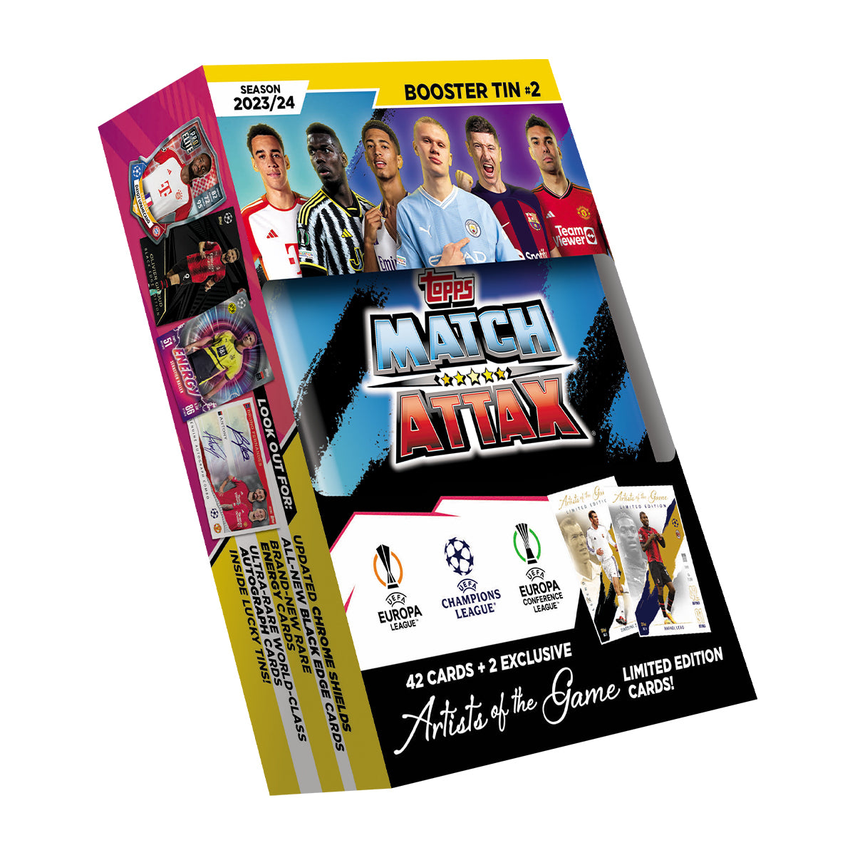 2023-24 TOPPS MATCH ATTAX UEFA CHAMPIONS LEAGUE CARDS - BOOSTER MINI TIN 4-PACK SET (EACH 42 CARDS + 2 LE)