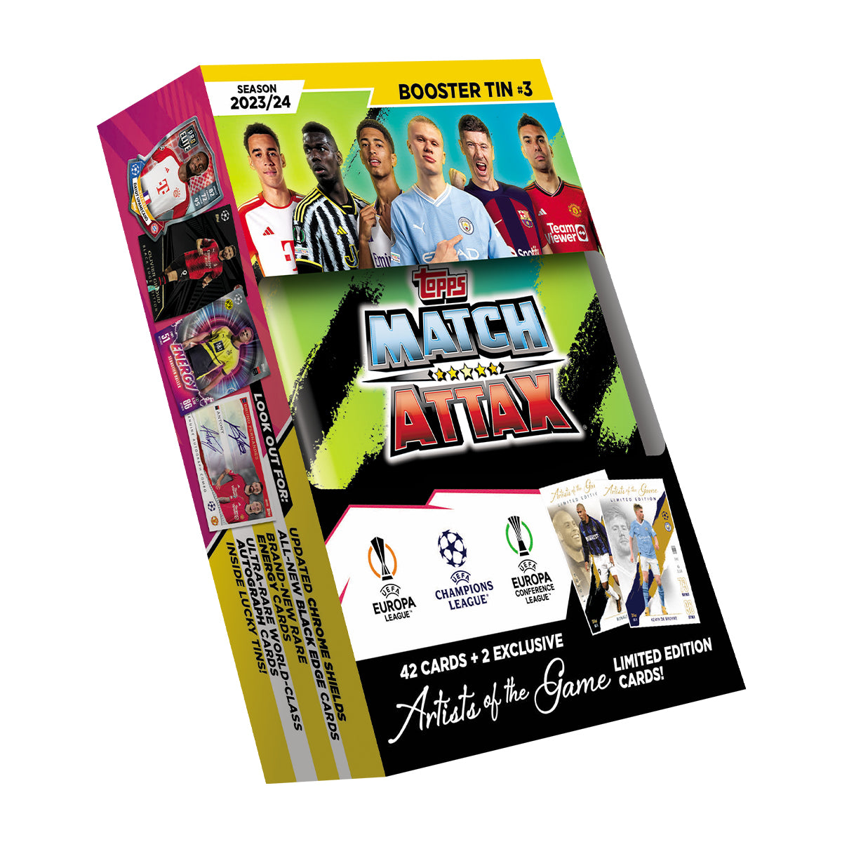 2023-24 TOPPS MATCH ATTAX UEFA CHAMPIONS LEAGUE CARDS - BOOSTER MINI TIN 4-PACK SET (EACH 42 CARDS + 2 LE)