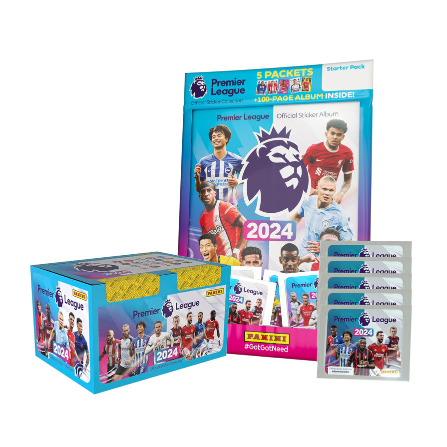 2023-24 PANINI PREMIER LEAGUE STICKERS - BUNDLE #2 (100-PACK BOX & MEGA STARTER PACK) (ALBUM + 550 STICKERS)