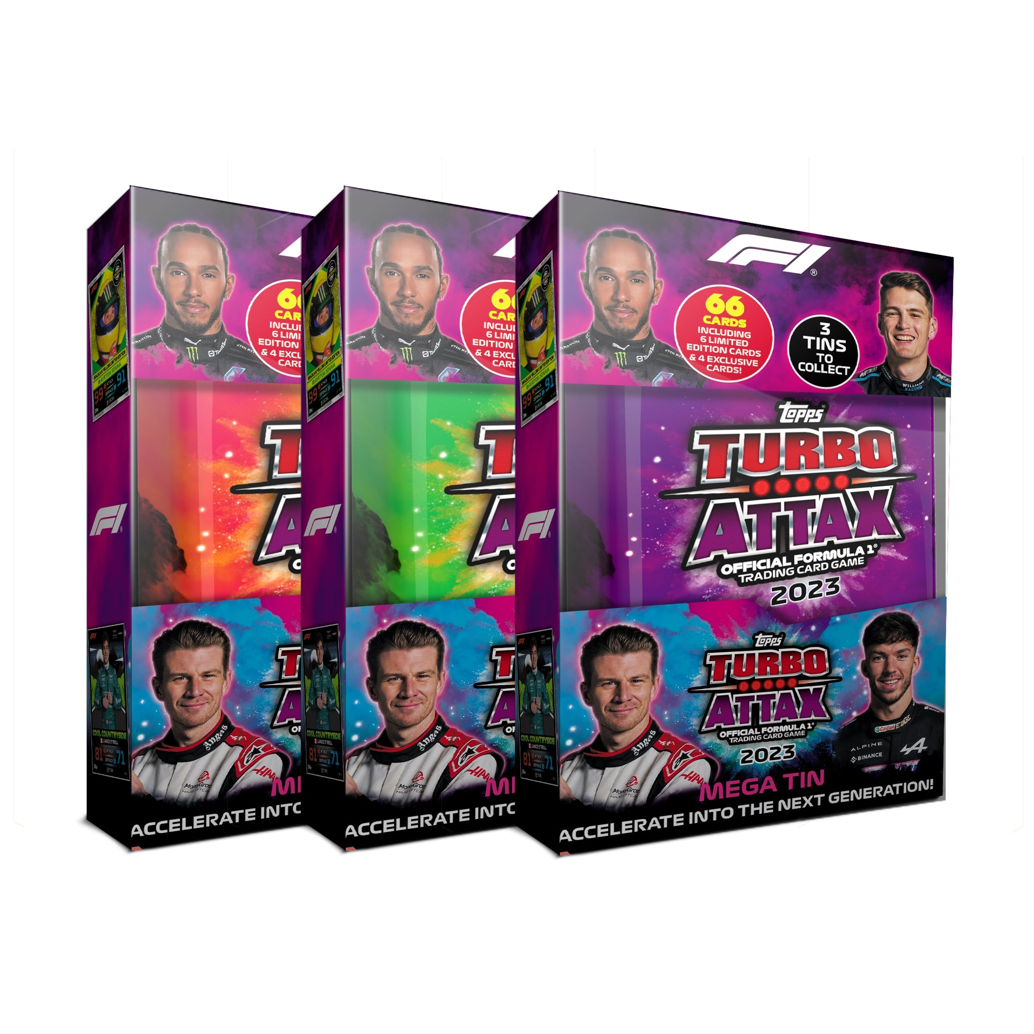 2023 TOPPS TURBO ATTAX FORMULA 1 CARDS - MEGA TIN 3-PACK SET (EACH 66 CARDS + 6 LE & 4 EXCLUSIVE)