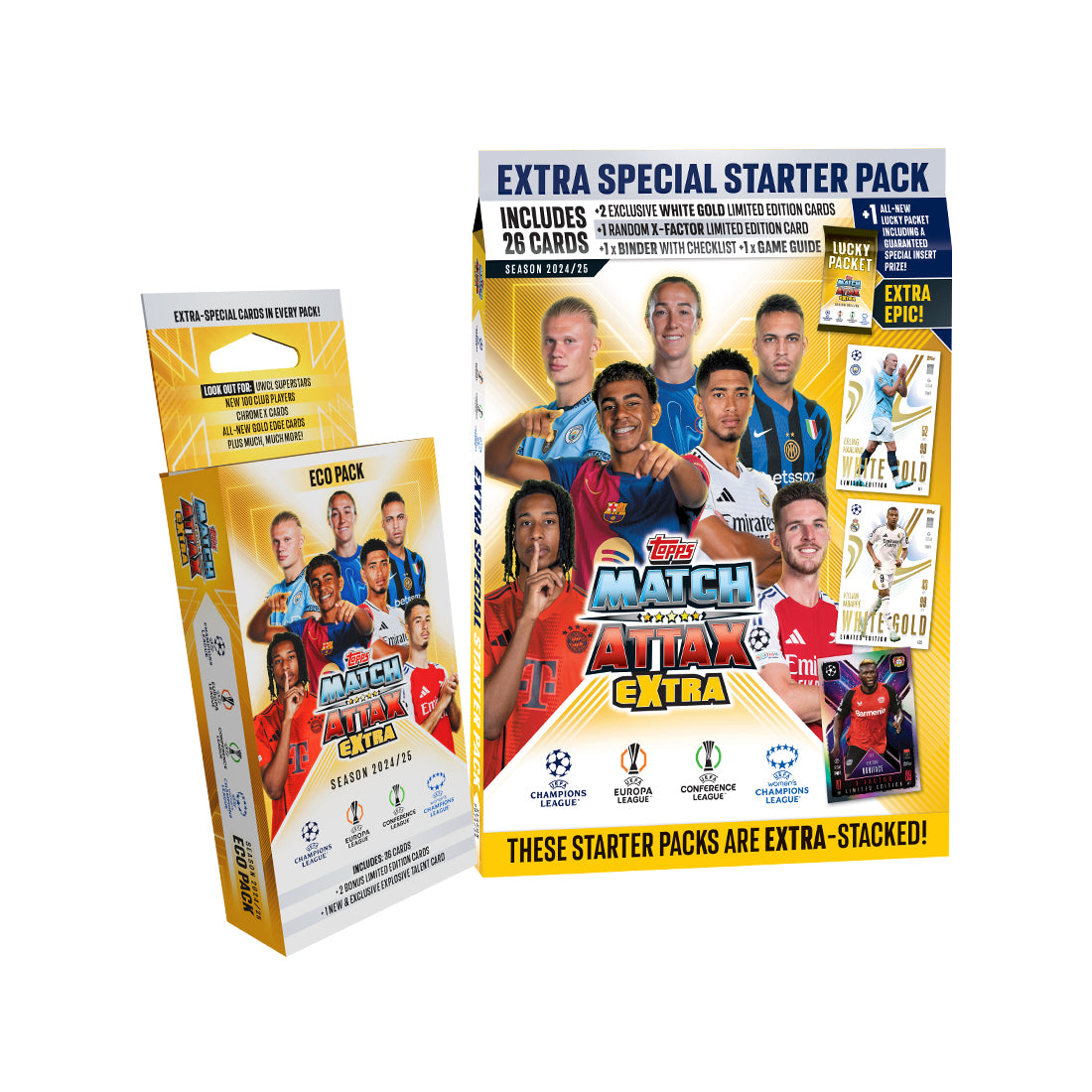 2024-25 TOPPS MATCH ATTAX EXTRA CHAMPIONS LEAGUE CARDS - BUNDLE #2 (ECO BLASTER + STARTER PACK) (ALBUM, 68 CARDS + 6 LE) (IN STOCK FEB 17)