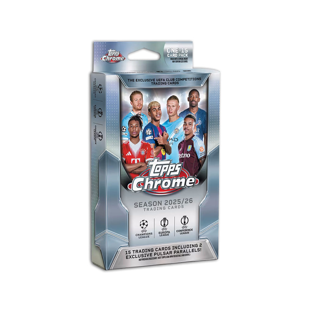 2025-26 TOPPS CHROME UEFA CLUB COMPETITIONS CARDS - HANGER BOX (15 CARDS) (LIMIT OF 6 PER CUSTOMER)