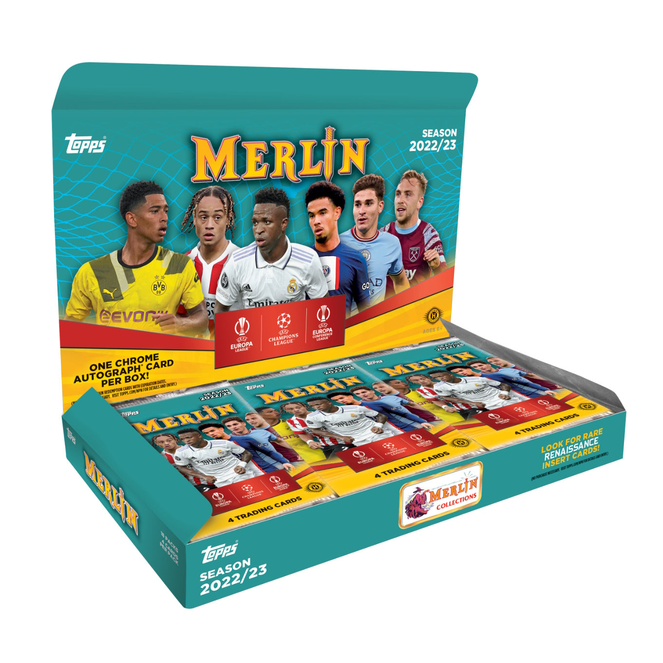 2022-23 TOPPS MERLIN CHROME UEFA CLUB COMPETITIONS CARDS - 18-PACK BOX (72 CARDS + AUTO)