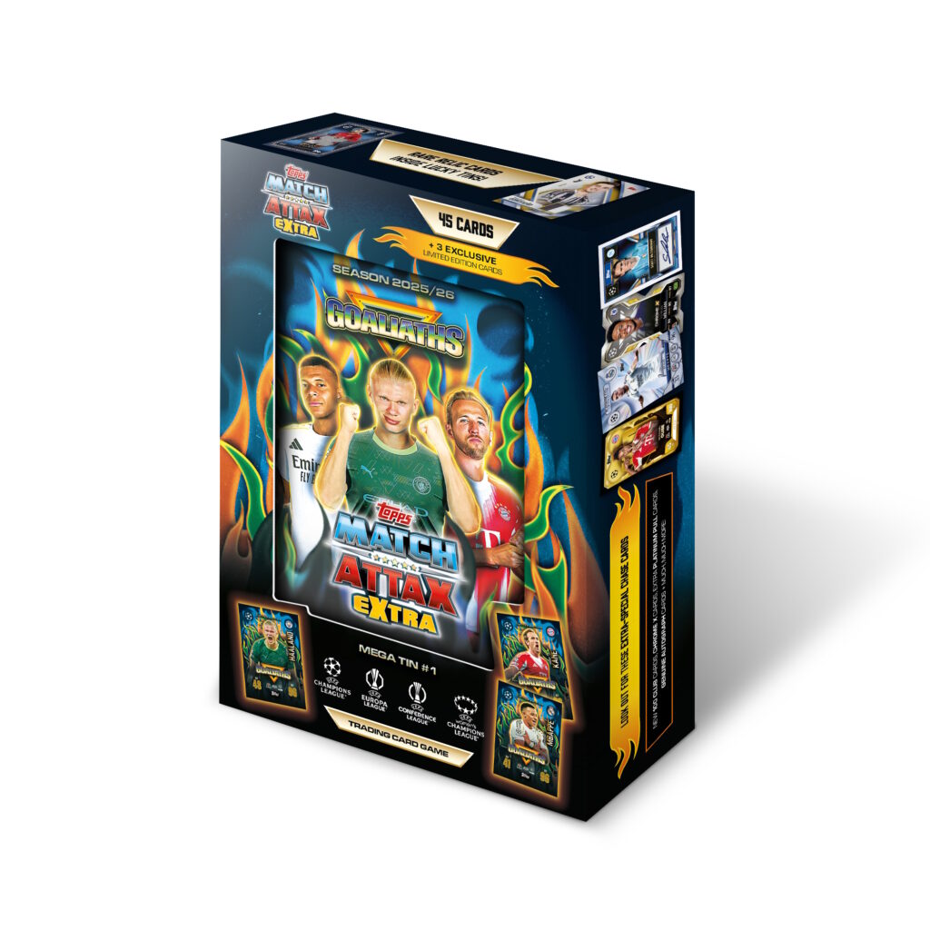 2025-26 TOPPS MATCH ATTAX EXTRA UEFA CHAMPIONS LEAGUE CARDS – MEGA TIN 3-PACK SET (144 CARDS + 9 LE) (PREORDER - IN STOCK MAR 16)