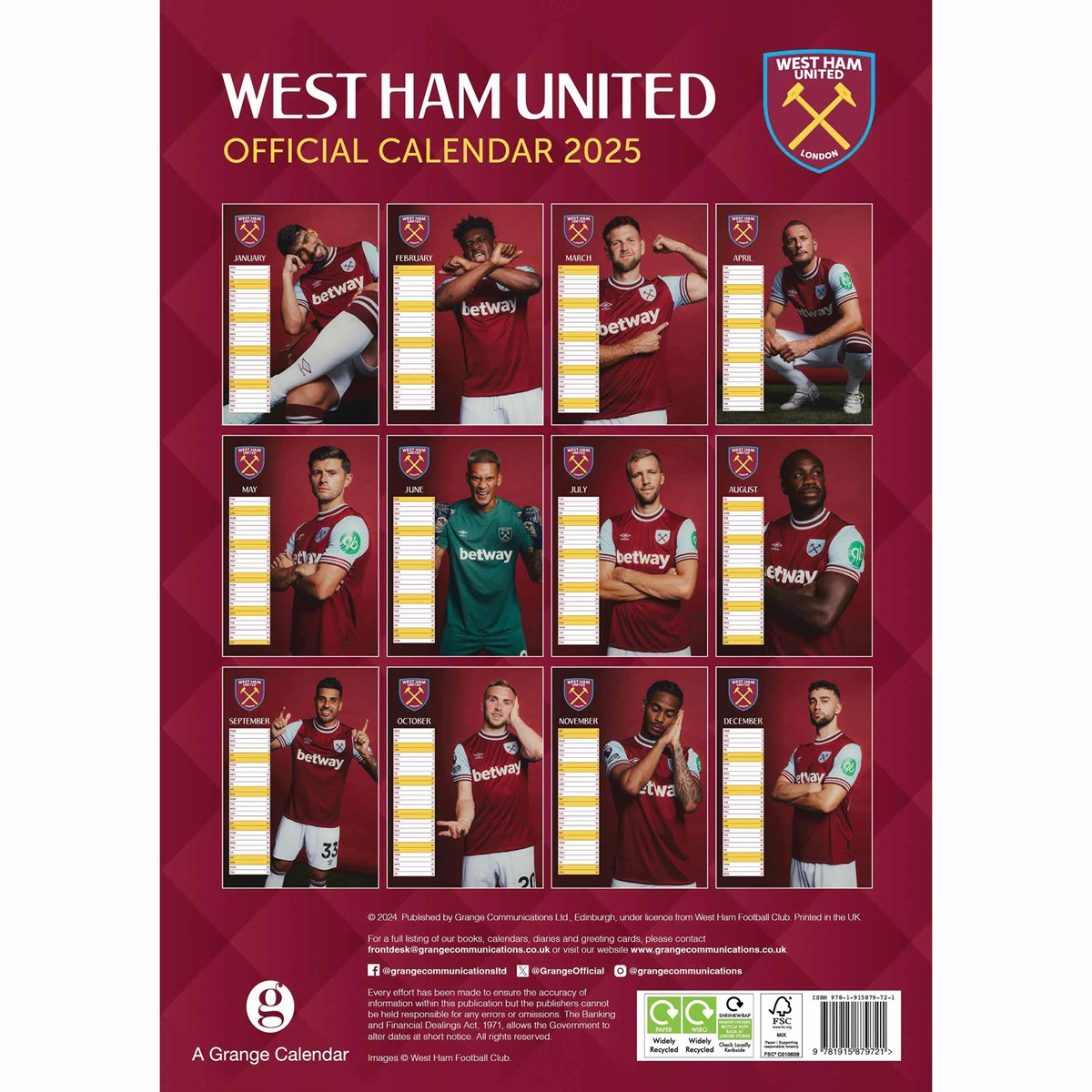 WEST HAM UNITED – 2025 CALENDAR (PREORDER - IN STOCK NOV 1)