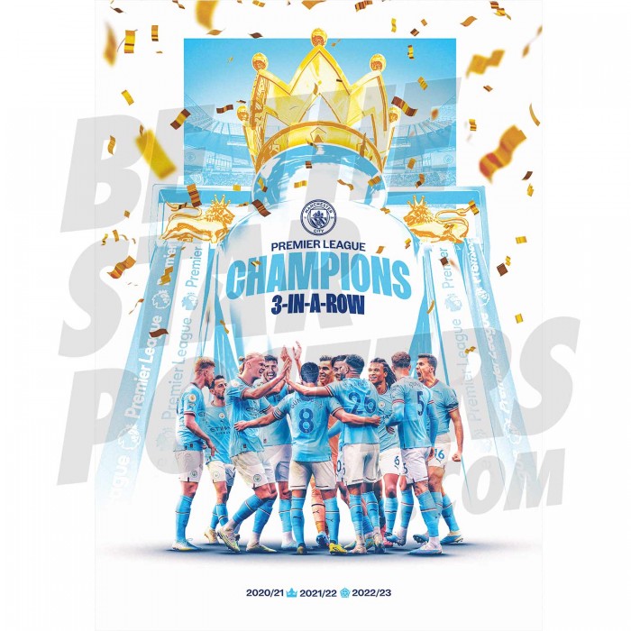 MANCHESTER CITY – 2022-23 EPL CHAMPIONS “3 IN A ROW” PLAYERS COLLAGE POSTER (16 X 24″)