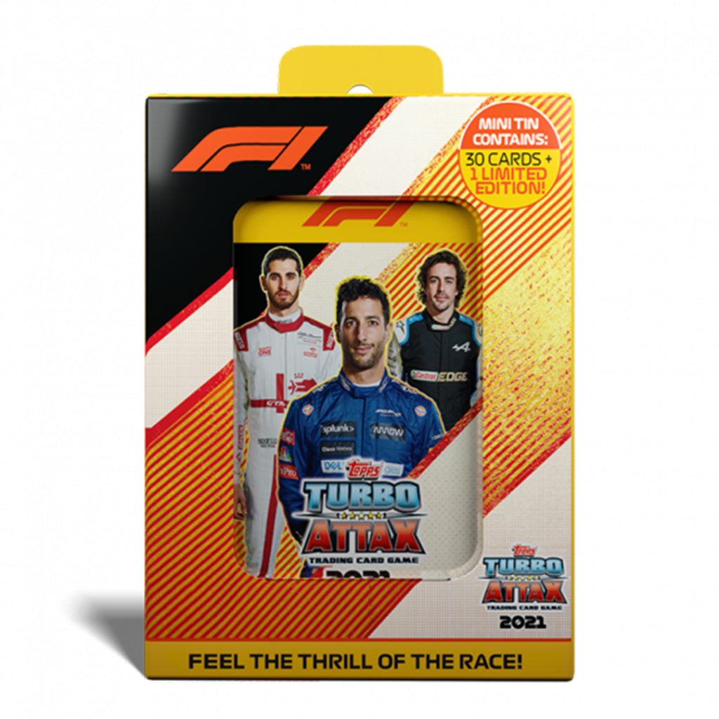 2021 TOPPS TURBO ATTAX FORMULA 1 CARDS – MINI COLLECTOR TIN (31 CARDS + LE GOLD NORRIS)