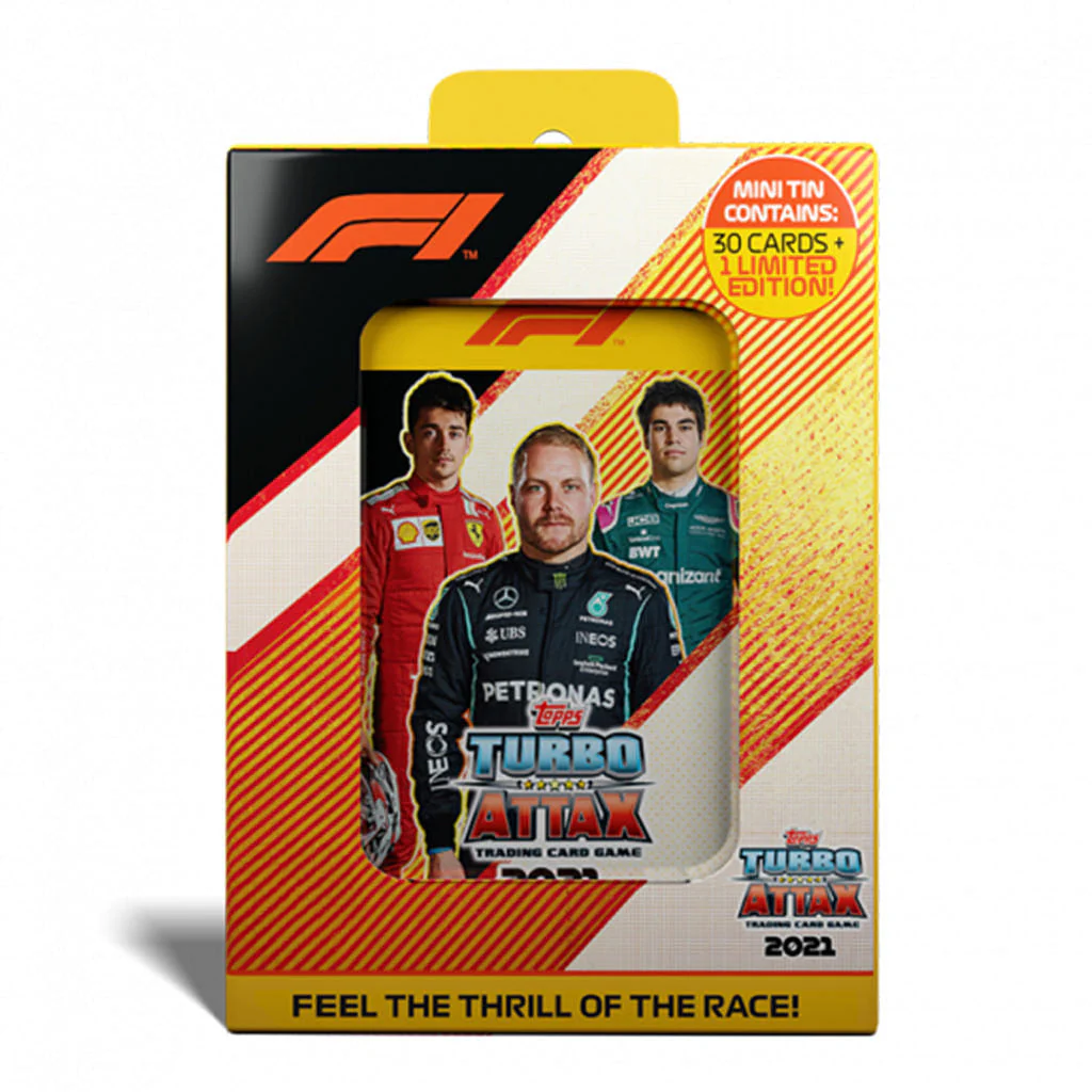 2021 TOPPS TURBO ATTAX FORMULA 1 CARDS – MINI COLLECTOR TIN (31 CARDS + LE GOLD NORRIS)