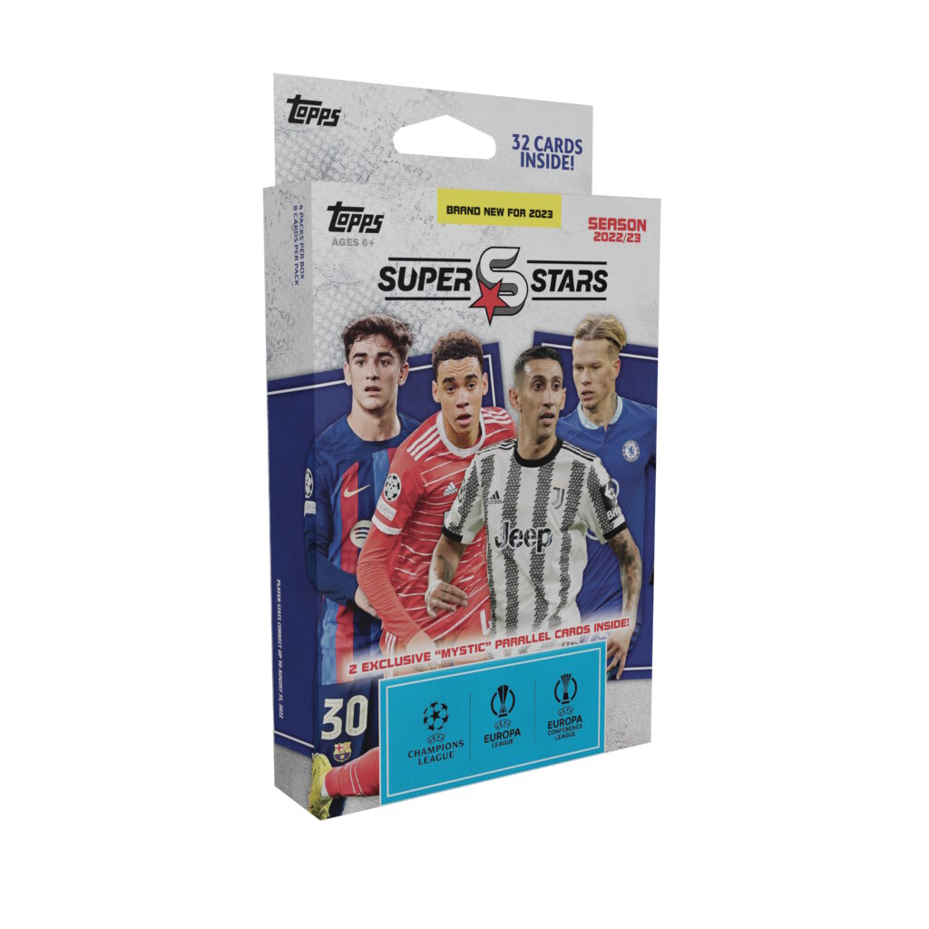 2022-23 TOPPS UEFA CHAMPIONS LEAGUE SUPERSTARS CARDS - 4-PACK HANGER BOX (32 CARDS + 2 MYSTIC PARALLELS)