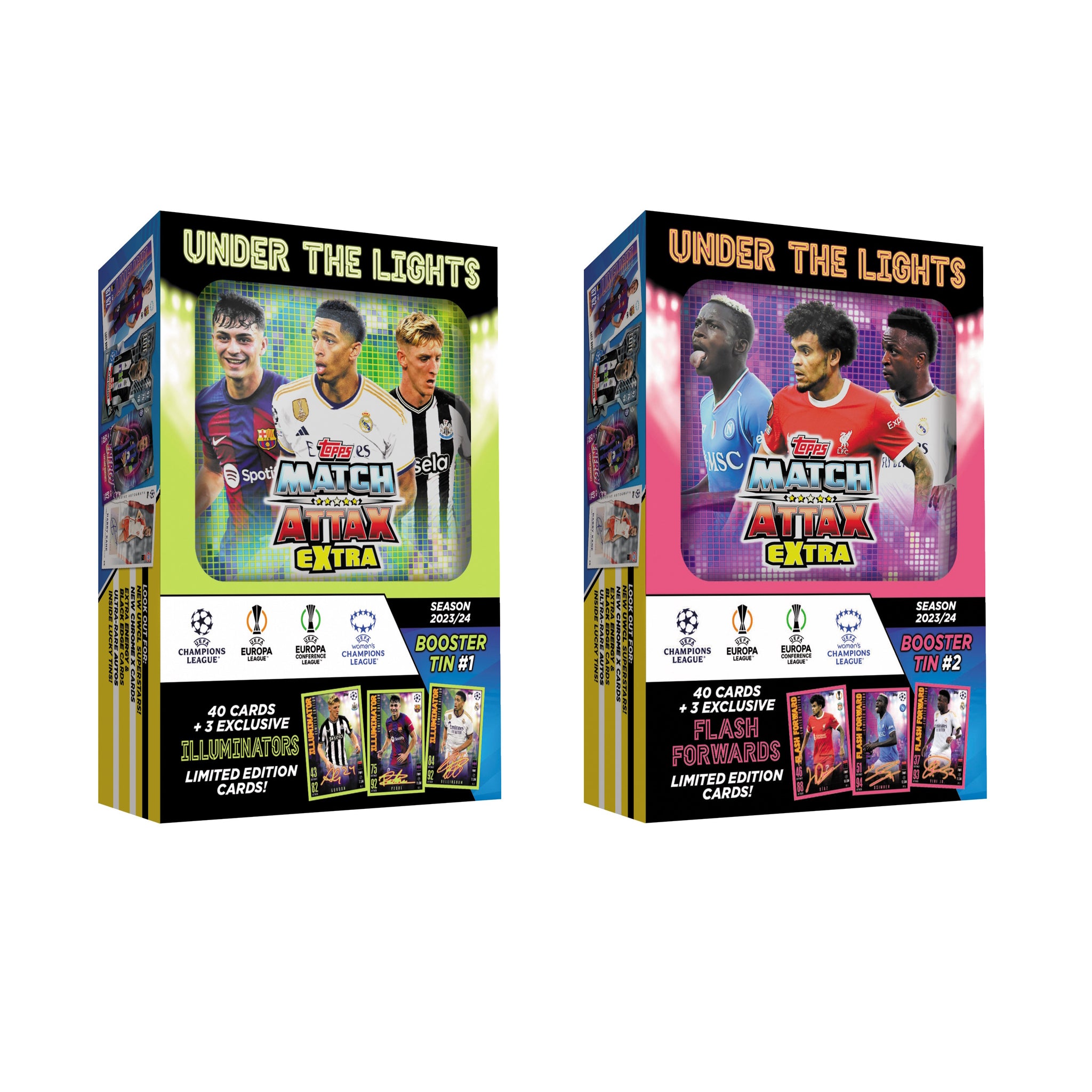 2023-24 TOPPS MATCH ATTAX EXTRA CHAMPIONS LEAGUE CARDS - BOOSTER MINI TIN 2-PACK SET (EACH 40 CARDS + 3 LE)