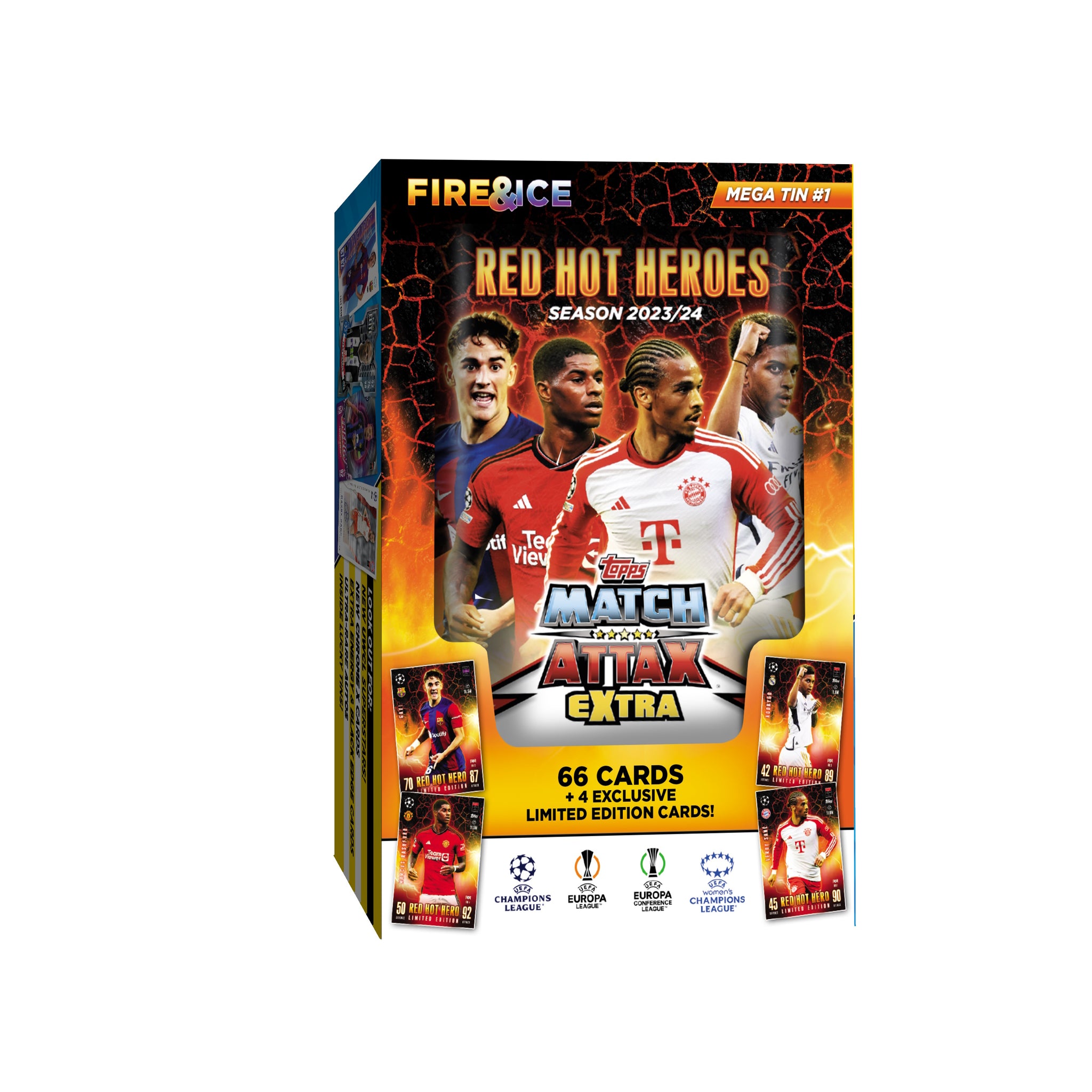 2023-24 TOPPS MATCH ATTAX EXTRA CHAMPIONS LEAGUE CARDS - MEGA TIN (66 CARDS + 4 LE)