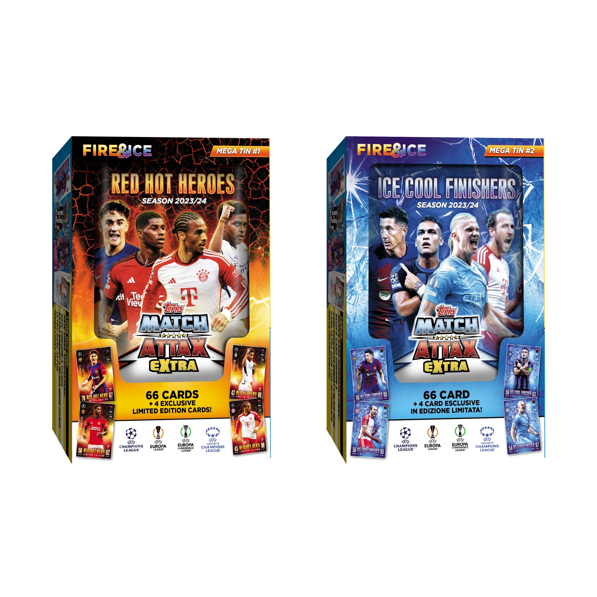 2023-24 TOPPS MATCH ATTAX EXTRA CHAMPIONS LEAGUE CARDS - MEGA TIN 2-PACK SET (EACH 66 CARDS + 4 LE)