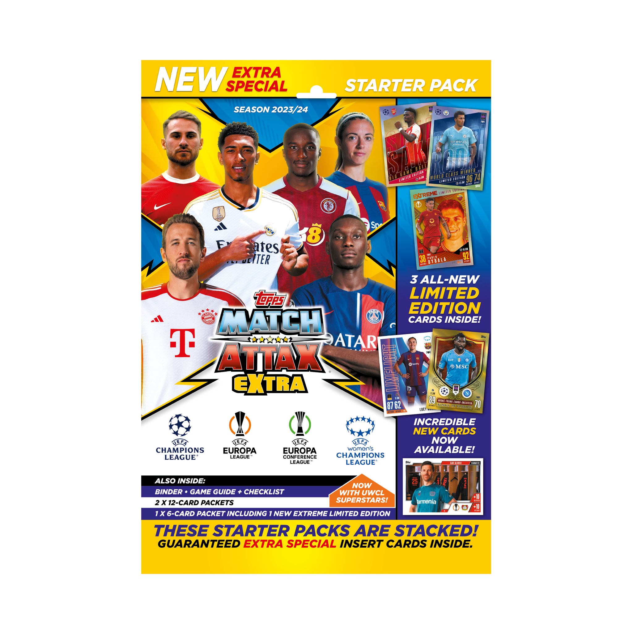 2023-24 TOPPS MATCH ATTAX EXTRA CHAMPIONS LEAGUE CARDS - STARTER PACK (ALBUM, 24 CARDS + 2 LE)