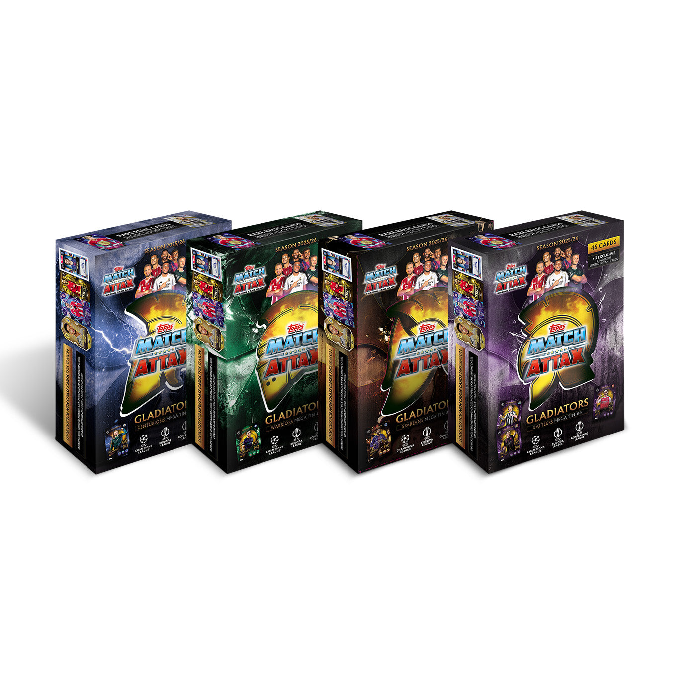 2025-26 TOPPS MATCH ATTAX UEFA CHAMPIONS LEAGUE CARDS - MEGA TIN 4-PACK SET (192 CARDS + 12 LE) (IN STOCK OCT 31)