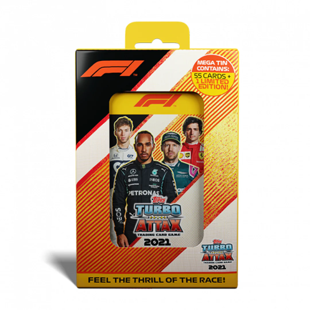 2021 TOPPS TURBO ATTAX FORMULA 1 CARDS – MEGA TIN (56 CARDS + LE GOLD VETTEL)