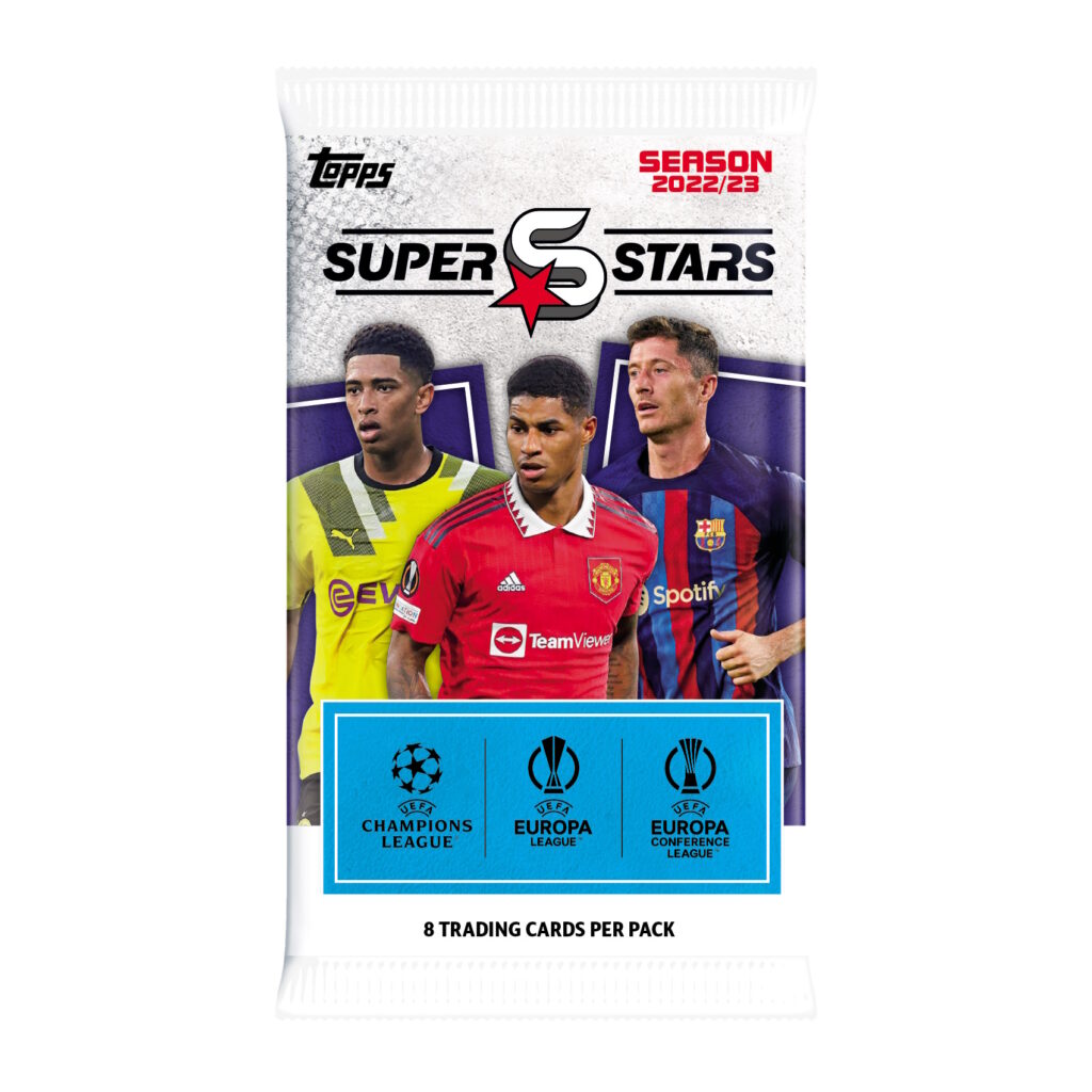 2022-23 TOPPS UEFA CHAMPIONS LEAGUE SUPERSTARS CARDS - 4-PACK HANGER BOX (32 CARDS + 2 MYSTIC PARALLELS)