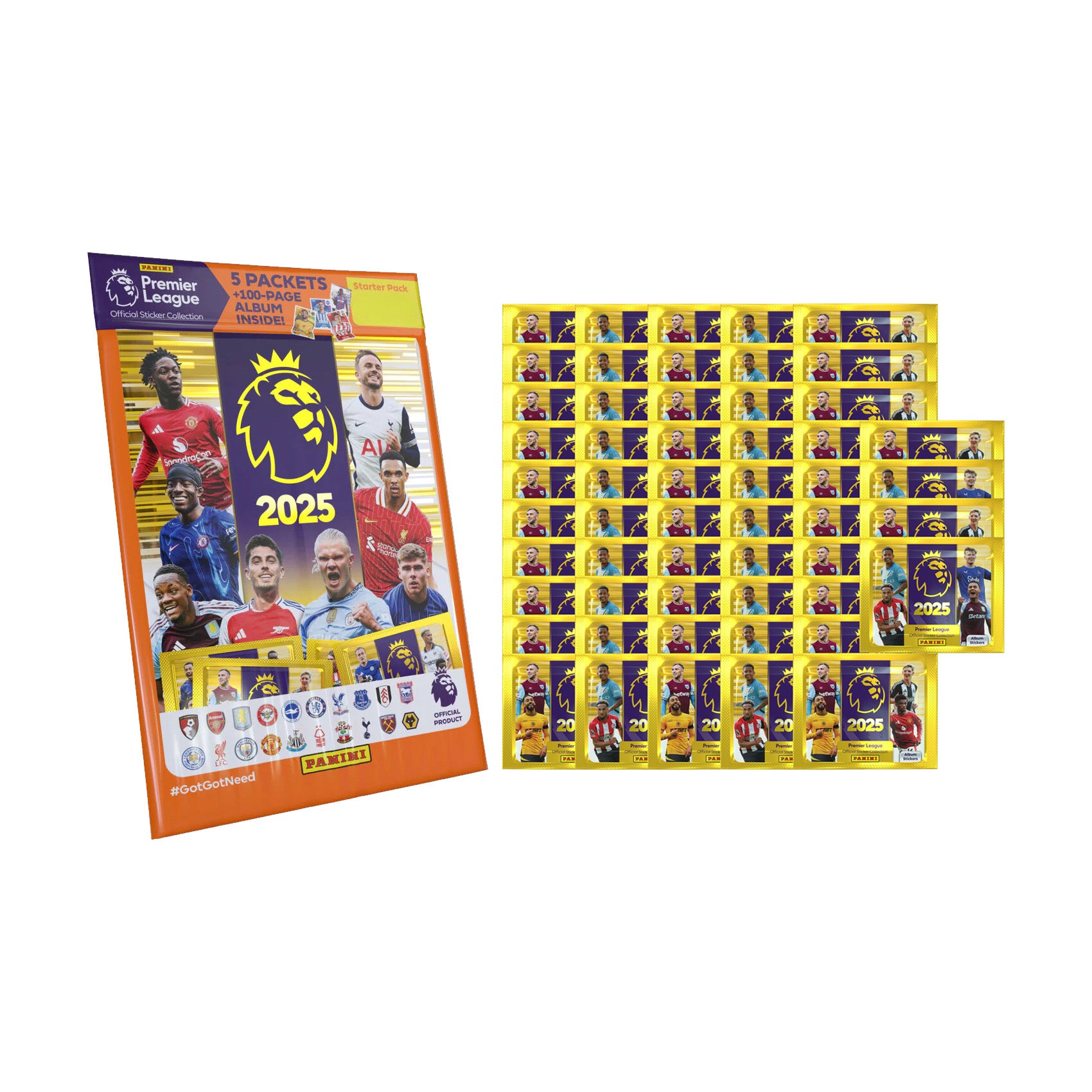2024-25 PANINI PREMIER LEAGUE STICKERS - BUNDLE #1 (50 PACKS & MEGA STARTER PACK) (ALBUM + 301 STICKERS)