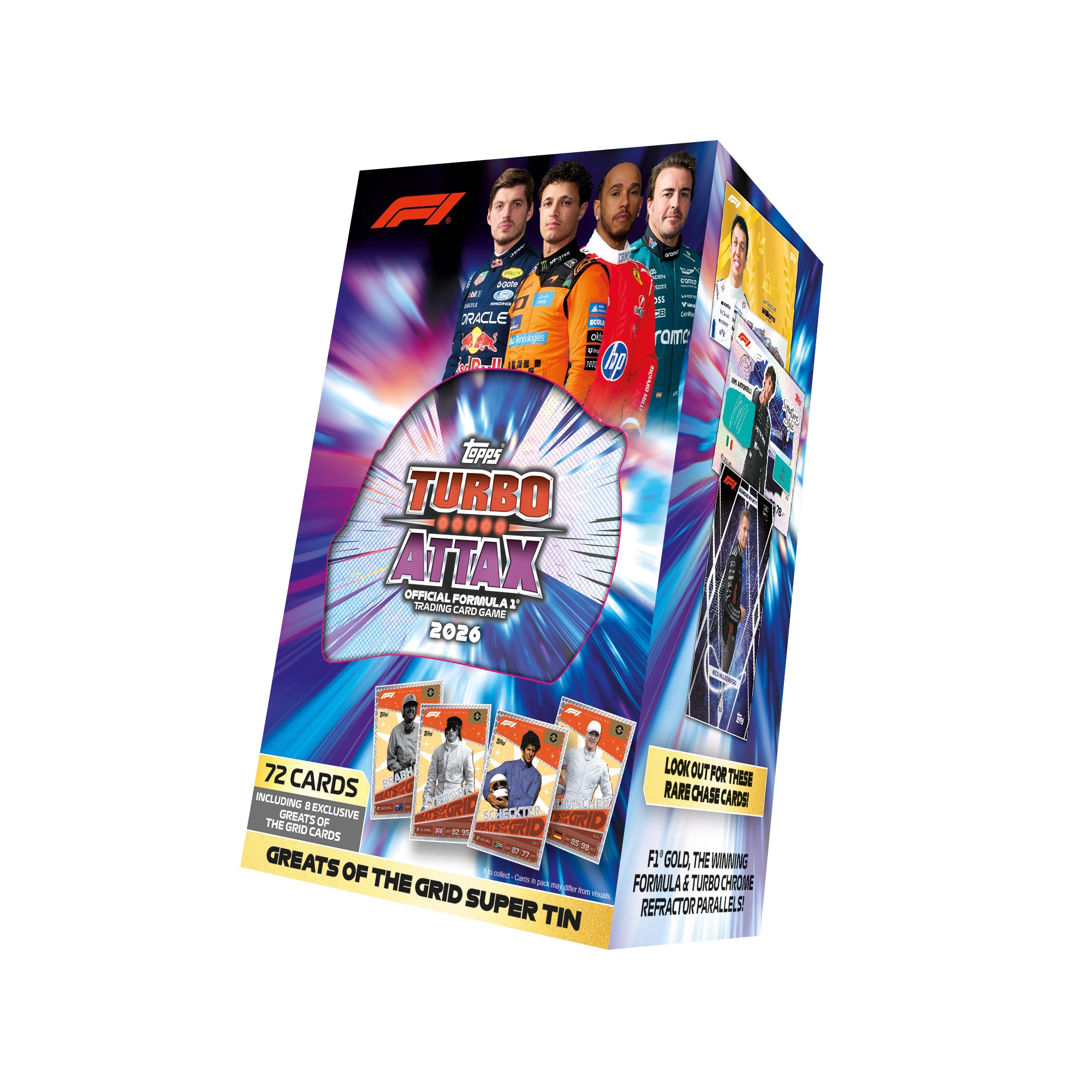 2026 TOPPS TURBO ATTAX FORMULA 1 CARDS – SUPER TIN (72 CARDS + 8 EXCLUSIVES) (IN STOCK AUG 31)