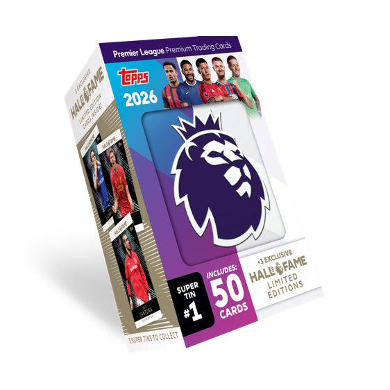 2025-26 TOPPS PREMIER LEAGUE DEBUT EDITION CARDS - SUPER TIN (50 CARDS + 3 HALL OF FAME LE) (PREORDER - IN STOCK SEPT 26)