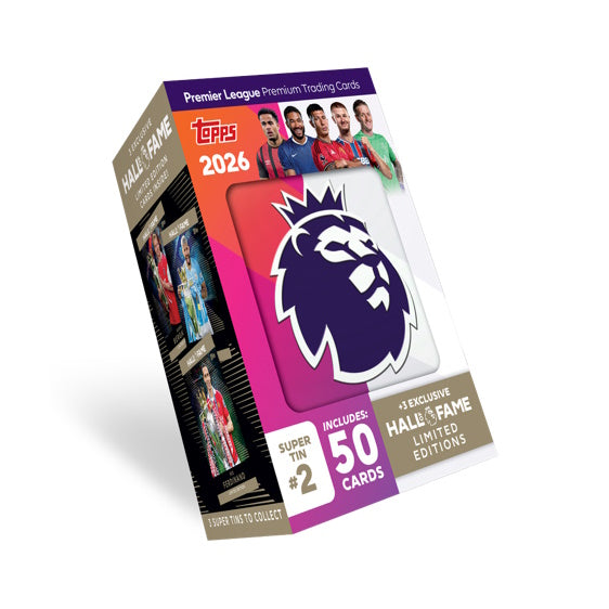 2025-26 TOPPS PREMIER LEAGUE DEBUT EDITION CARDS - SUPER TIN (50 CARDS + 3 HALL OF FAME LE) (PREORDER - IN STOCK SEPT 26)