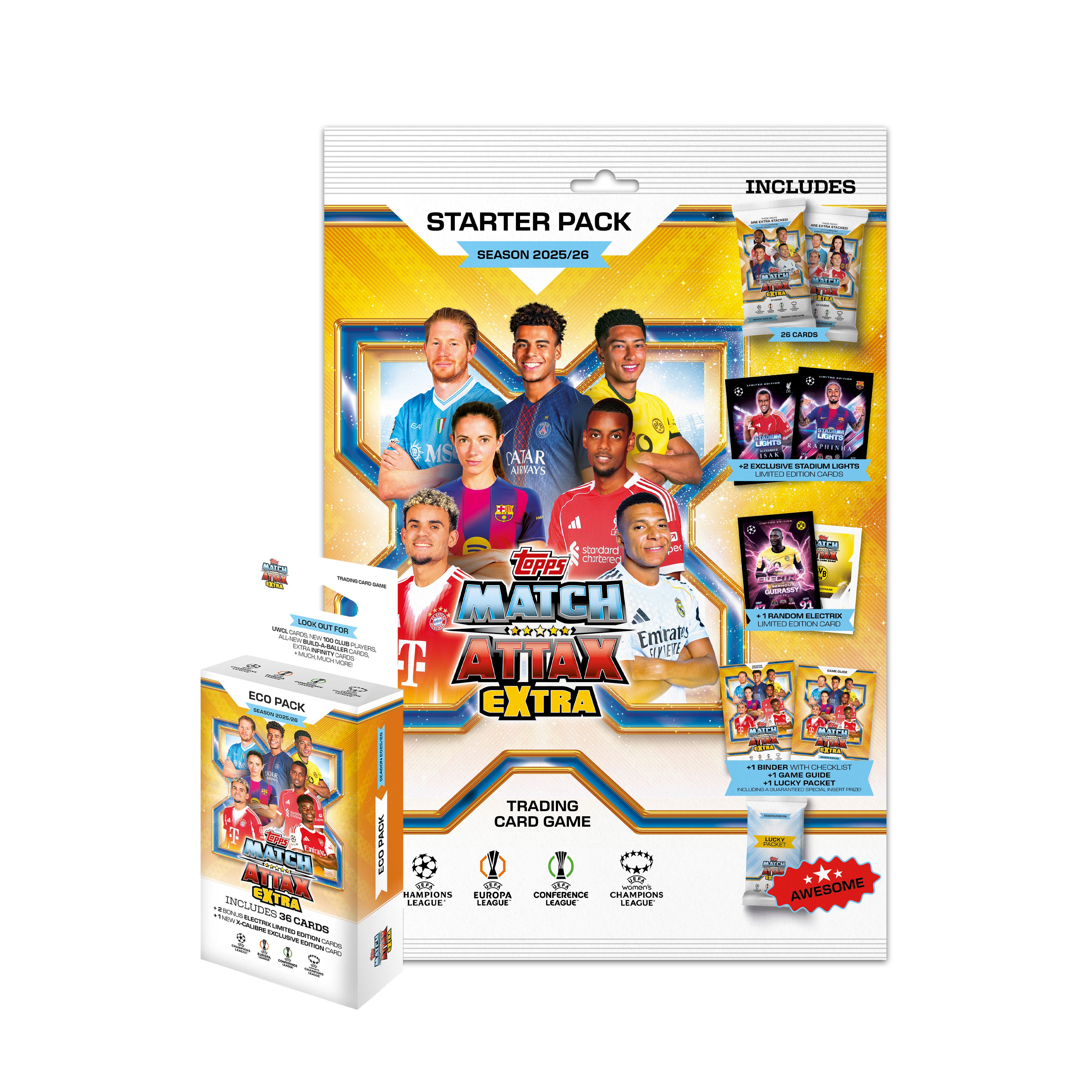 2025-26 TOPPS MATCH ATTAX EXTRA UEFA CHAMPIONS LEAGUE CARDS - ECO BLASTER & STARTER PACK SET (ALBUM, 62 CARDS + 5 LE) (PREORDER - IN STOCK MAR 16)