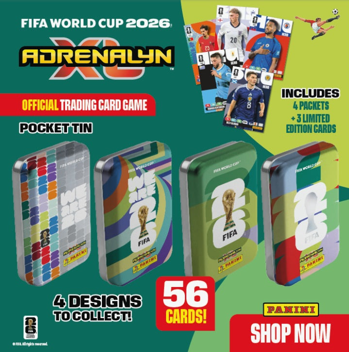 2026 PANINI ADRENALYN XL FIFA WORLD CUP CARDS - POCKET TIN 4-PACK SET (140 CARDS + 12 LE)
