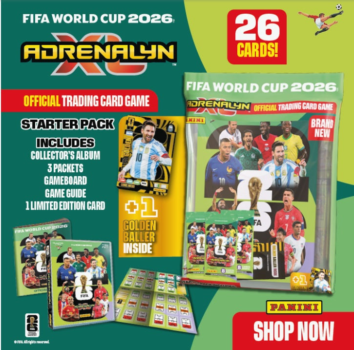2026 PANINI ADRENALYN XL FIFA WORLD CUP CARDS - ECO BLASTER & STARTER PACK SET (ALBUM, 80 CARDS + 5 LE & GOLDEN BALLER)