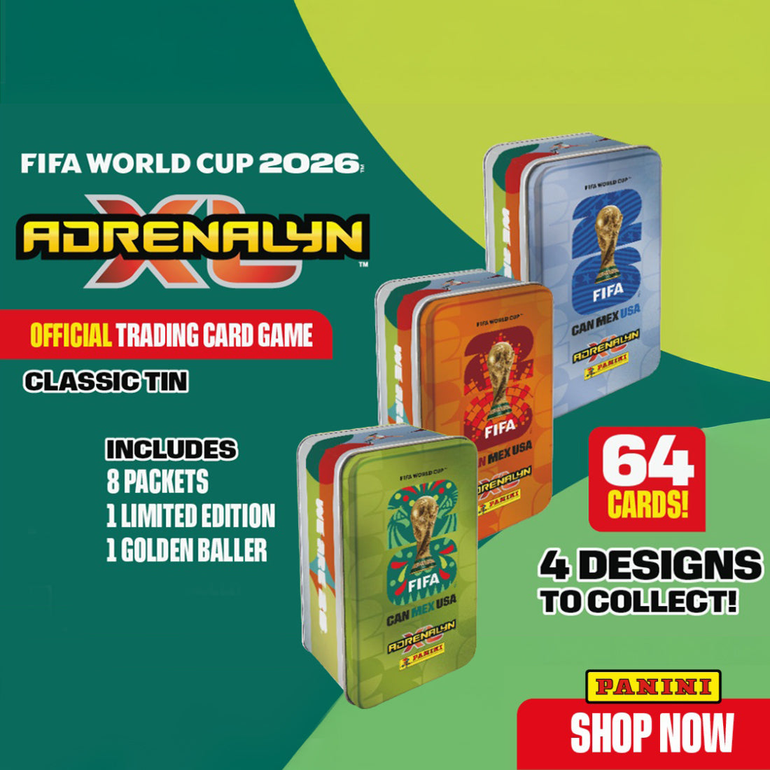 2026 PANINI ADRENALYN XL FIFA WORLD CUP CARDS - MEGA TIN 4-PACK SET (264 CARDS + 4 LE & 4 GOLDEN BALLER)