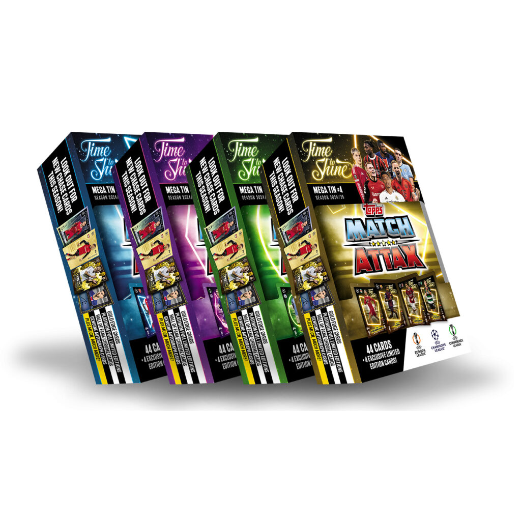 2024-25 TOPPS MATCH ATTAX UEFA CHAMPIONS LEAGUE CARDS - MEGA TIN 4-PACK SET (176 CARDS + 16 LE)