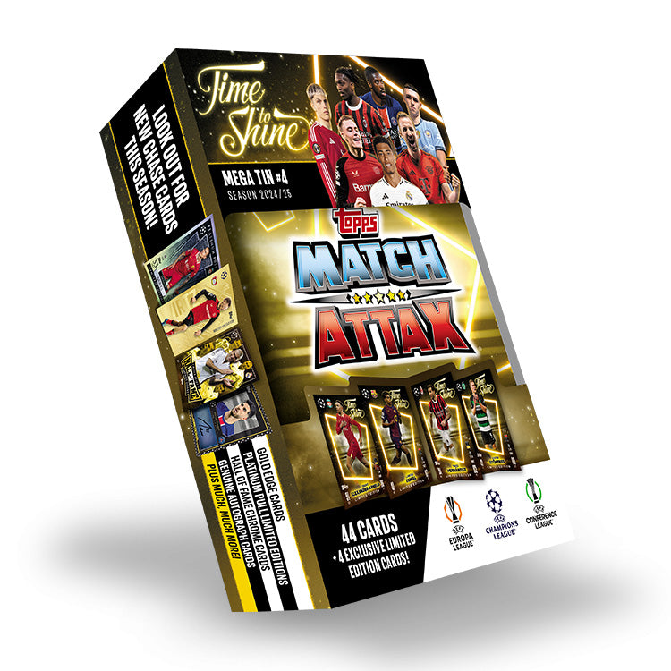 2024-25 TOPPS MATCH ATTAX UEFA CHAMPIONS LEAGUE CARDS - MEGA TIN 4-PACK SET (176 CARDS + 16 LE)