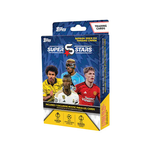2023-24 TOPPS SUPERSTARS UEFA CHAMPIONS LEAGUE CARDS - 4-PACK HANGER BOX (32 CARDS + 2 MYSTIC PARALLELS) (PREORDER - IN STOCK MAY 1)