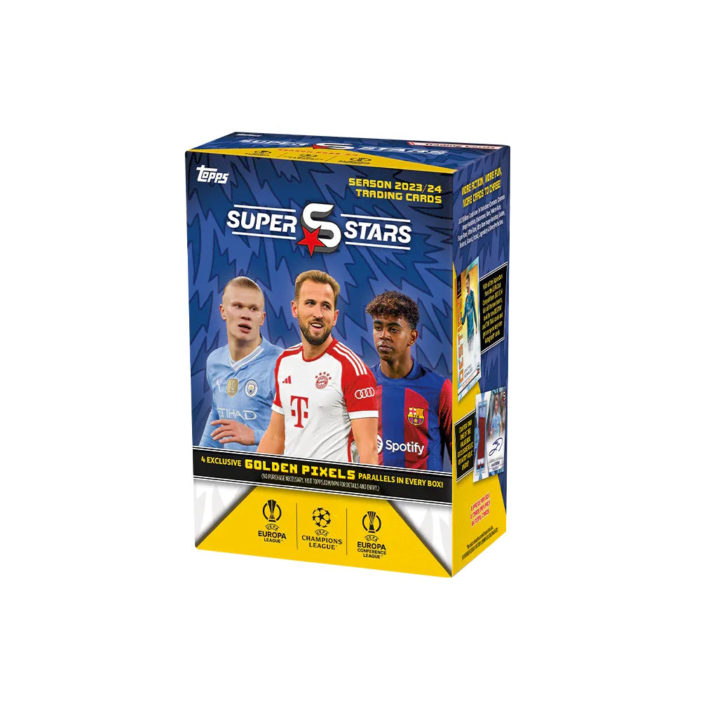 2023-24 TOPPS SUPERSTARS UEFA CHAMPIONS LEAGUE CARDS - 8-PACK MEGA BLASTER BOX (64 CARDS + 4 GOLDEN PIXEL PARALLELS)