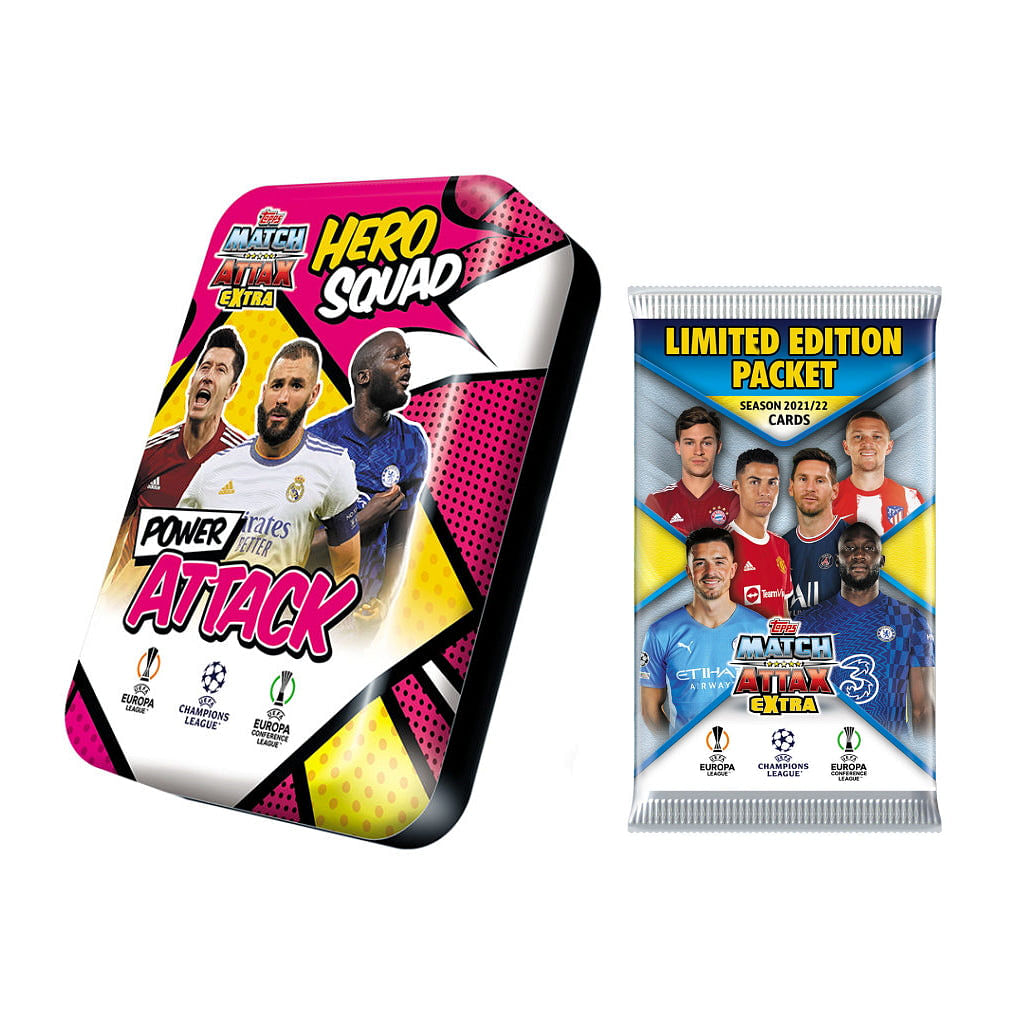 2021-22 TOPPS MATCH ATTAX EXTRA CHAMPIONS LEAGUE CARDS – POWER ATTACK MEGA TIN (75 CARDS + 3 LE POWER ATTACK & LE HERO SQUAD)