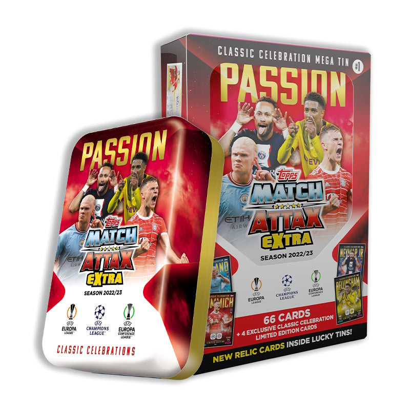 2022-23 TOPPS MATCH ATTAX EXTRA CHAMPIONS LEAGUE CARDS - MEGA TIN (70 CARDS + 4 EXCLUSIVE LE)