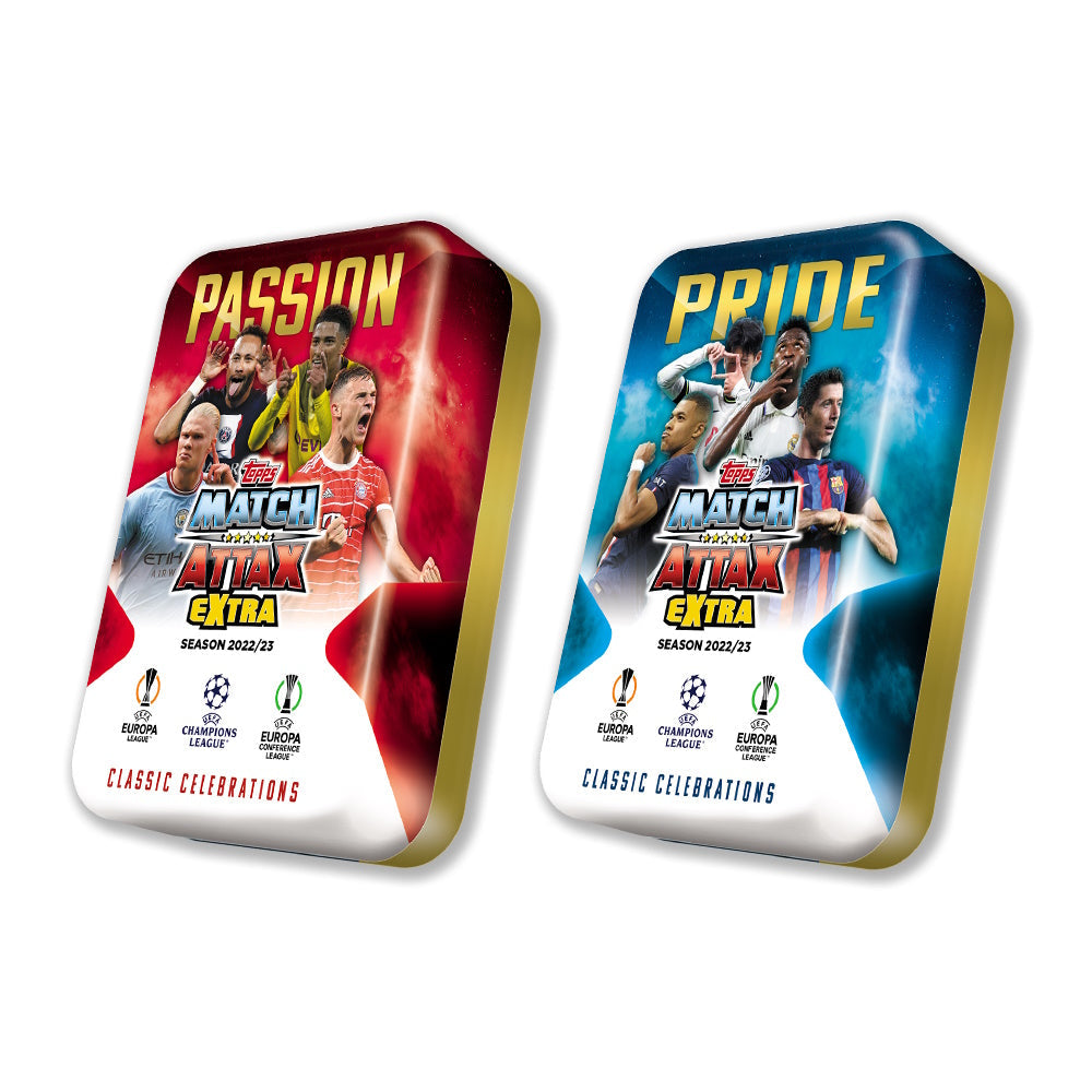 2022-23 TOPPS MATCH ATTAX EXTRA CHAMPIONS LEAGUE CARDS - MEGA TIN 2-PACK SET (140 CARDS + 8 EXCLUSIVE LE)