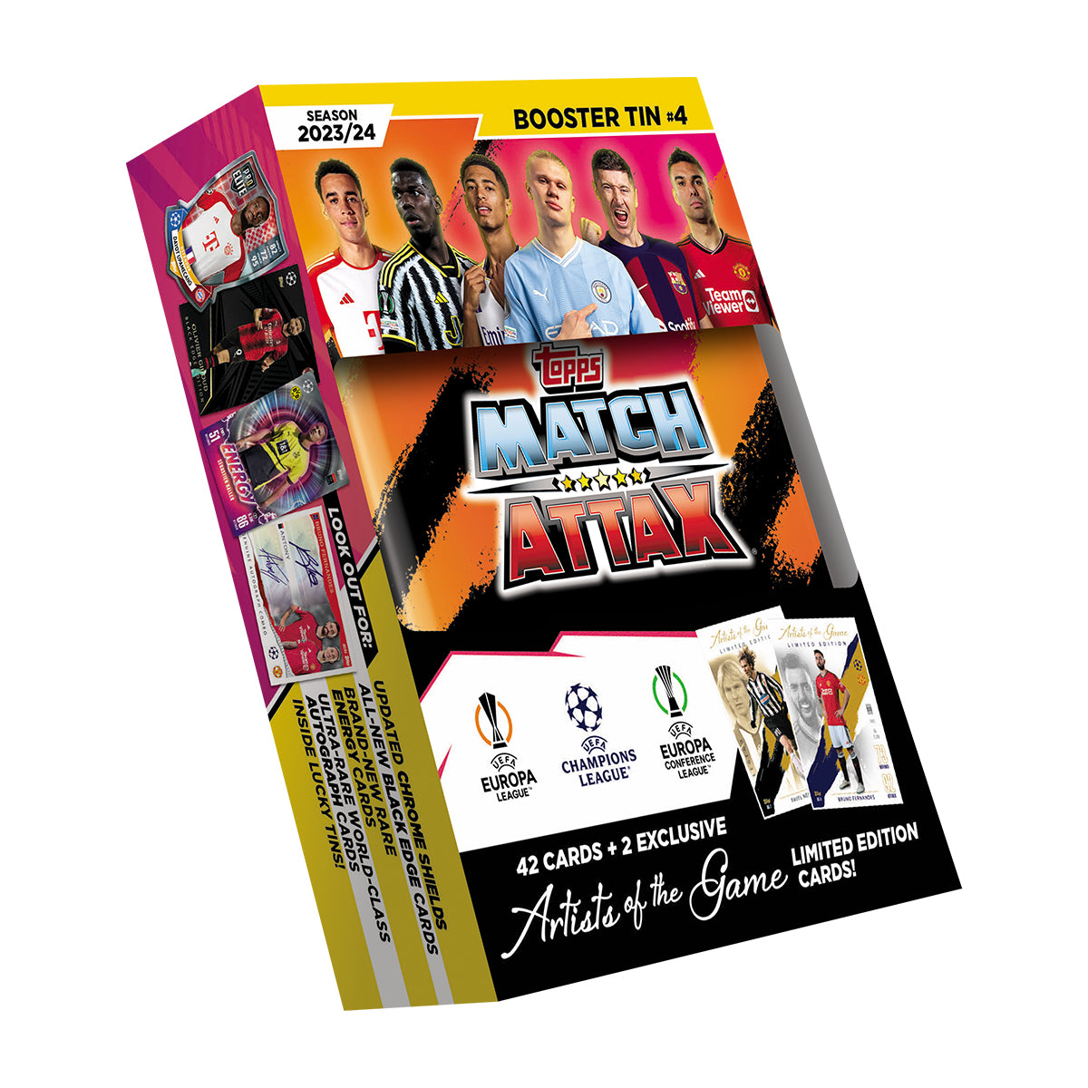 2023-24 TOPPS MATCH ATTAX UEFA CHAMPIONS LEAGUE CARDS - BOOSTER MINI TIN (42 CARDS + 2 LE)