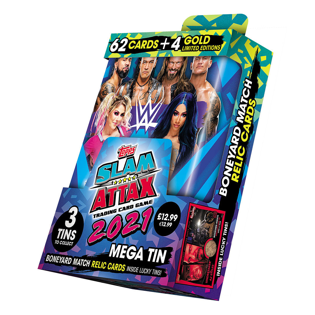 2021 TOPPS SLAM ATTAX WWE CARDS – MEGA TIN (62 CARDS + 4 LE)