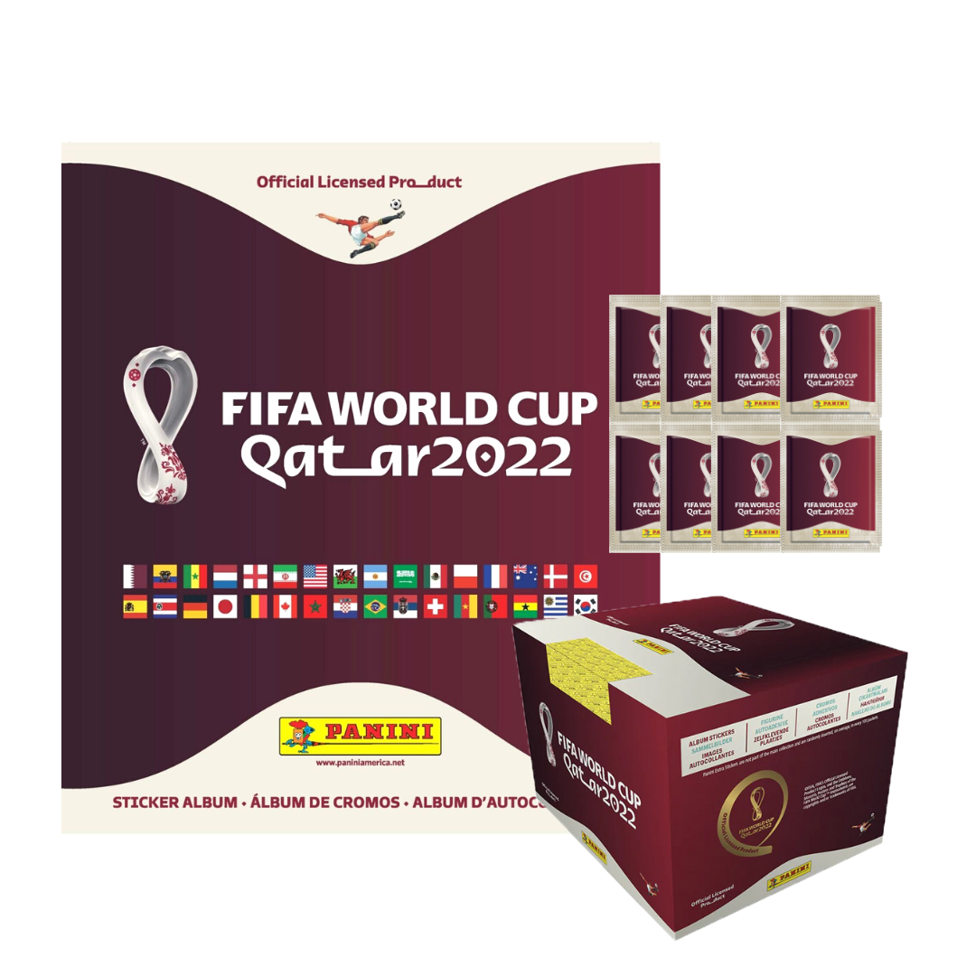 2022 PANINI FIFA WORLD CUP STICKERS - BUNDLE #1 (50-PACK BOX & MEGA STARTER PACK) (ALBUM + 300 STICKERS)