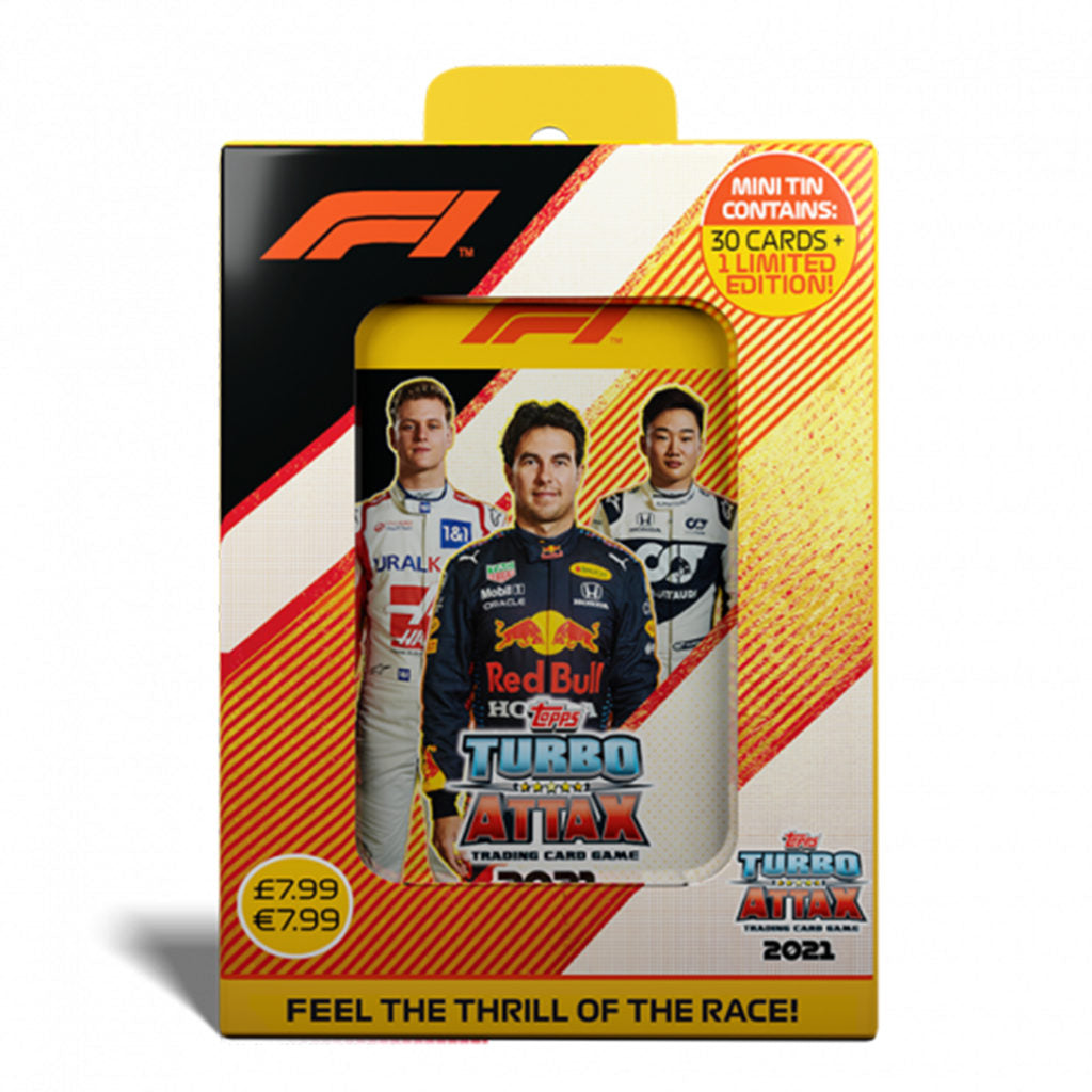 2021 TOPPS TURBO ATTAX FORMULA 1 CARDS – MINI COLLECTOR TIN (31 CARDS + LE GOLD NORRIS)