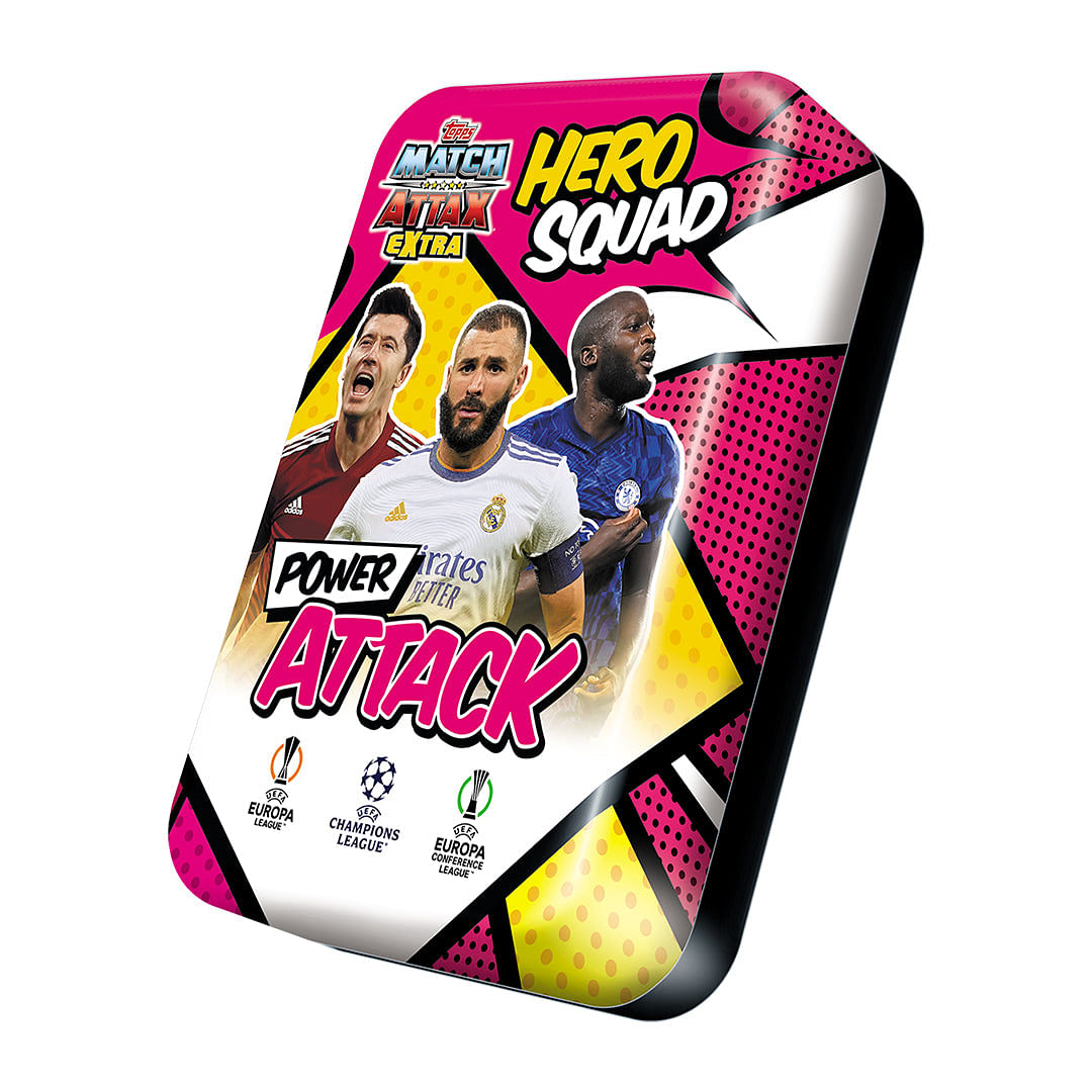 2021-22 TOPPS MATCH ATTAX EXTRA CHAMPIONS LEAGUE CARDS – POWER ATTACK MEGA TIN (75 CARDS + 3 LE POWER ATTACK & LE HERO SQUAD)